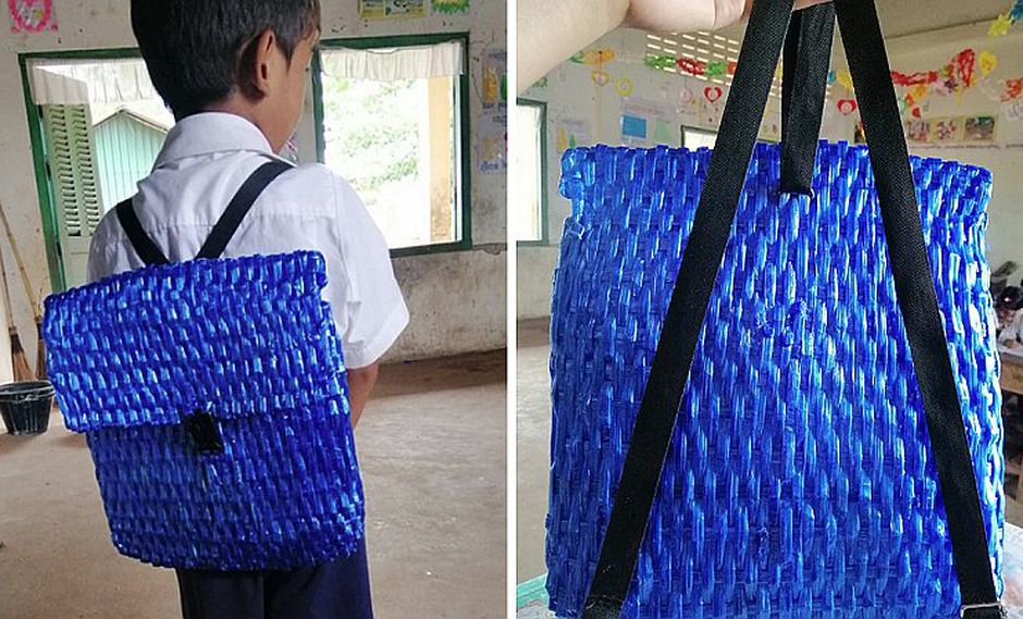 Papá sin dinero le fabrica su propia mochila escolar a su hijo | FOTOS