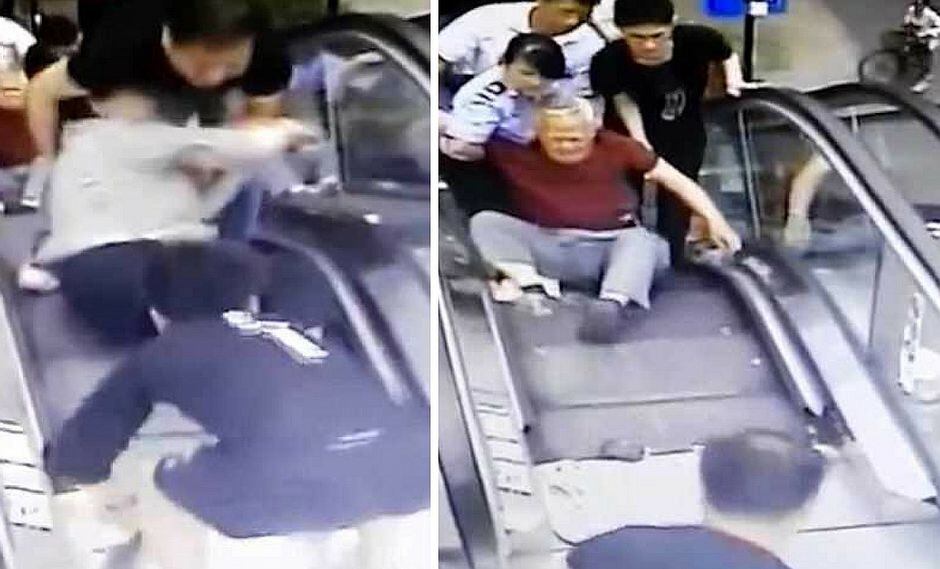 Pareja de ancianos sufren aparatosa caída en escalera eléctrica